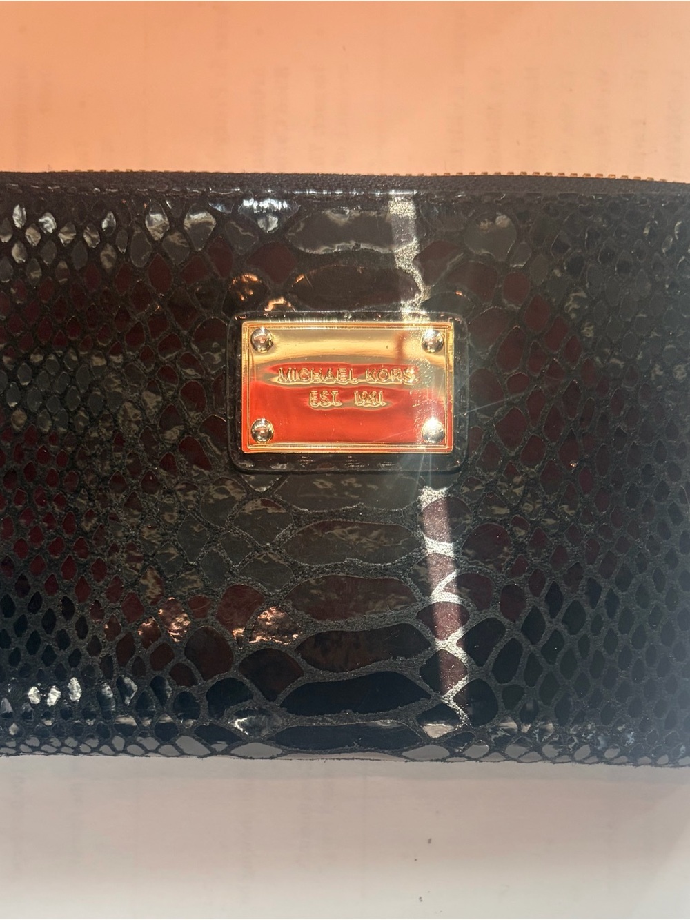 Michael Kors Black Patent Snake-Embossed Wristlet with Gold Plaque